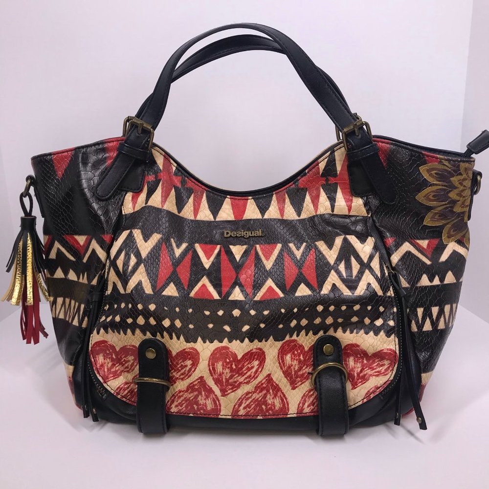 Desigual Red & Black Geometric Floral Heart Purse